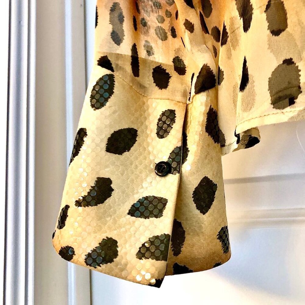 Rare Vintage ROBERTO CAVALLI Sheer Leopard Silk Chiffon Blouse Sequined Trim L - Picture 7 of 8